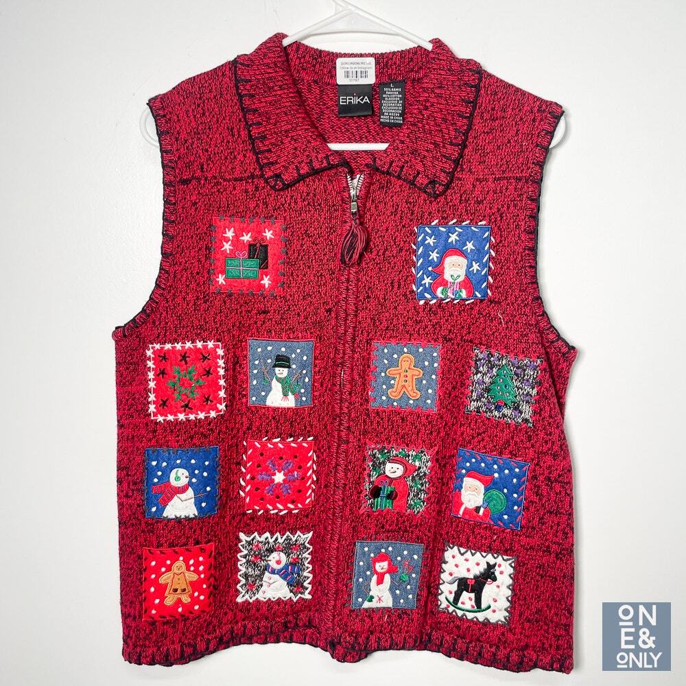 Vintage Christmas Santa Full Zip Sleeveless Cardigan Sweater Patches Collared L